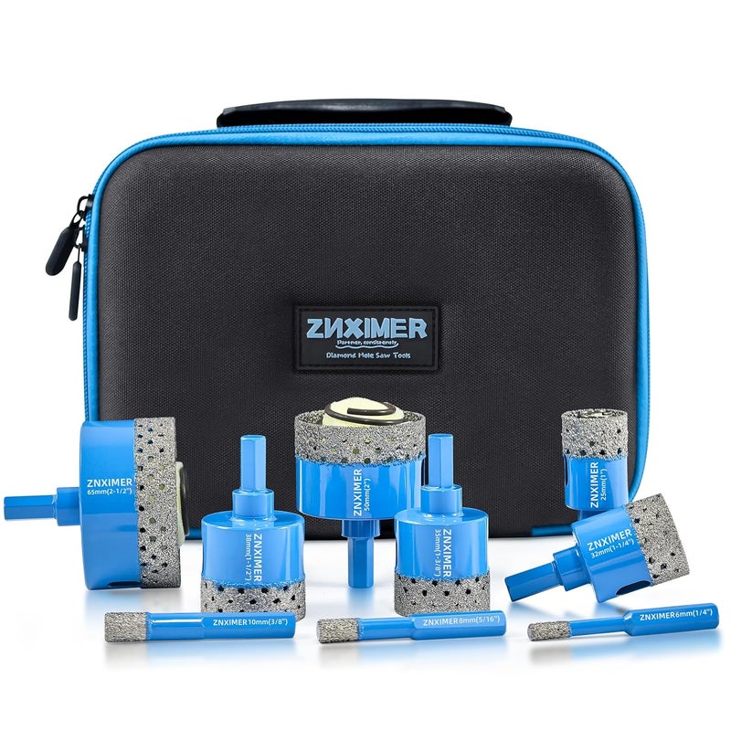 ZNXIMER Diamond Hole Saw Kit - Diamond Core Drill Bits Set for Ceramic, Granite, Marble and More Drilling - 9pcs Porcelain Tile Hole Saw Kit(6/8/10/25/32/35/38/50/65MM) - Image 1